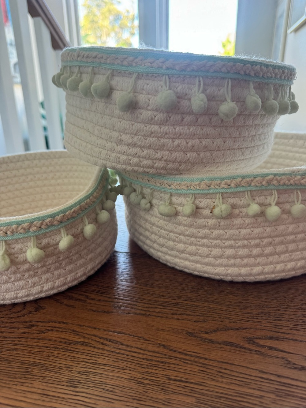 Handwoven Pom-Pom Rope Storage Baskets in Cream with Mint Trim - Unbranded